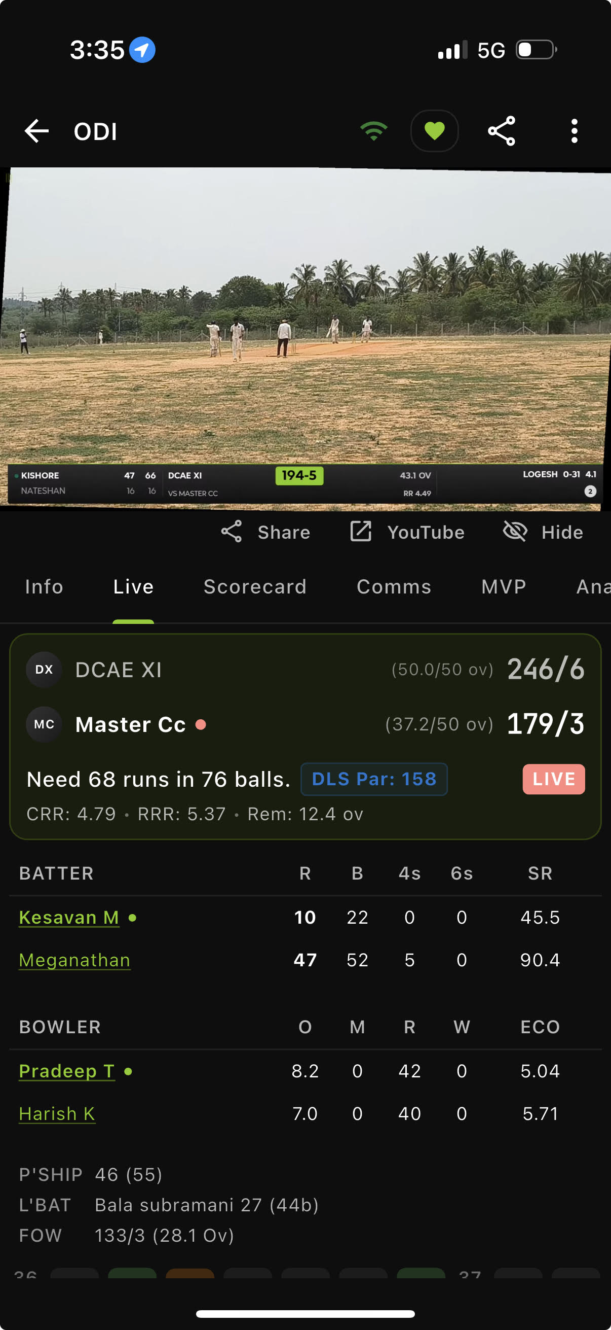 The Skipper live scorecard showing the chase line, DLS par, batter and bowler tables, and an inline stream