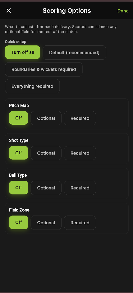 The Scoring Options screen with each field set to Off, Optional, or Required