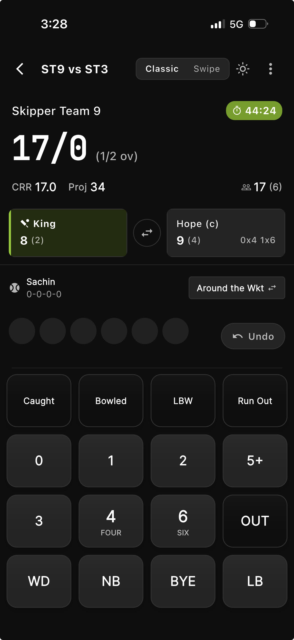 The Skipper scoring screen with run buttons, extras, and the OUT button