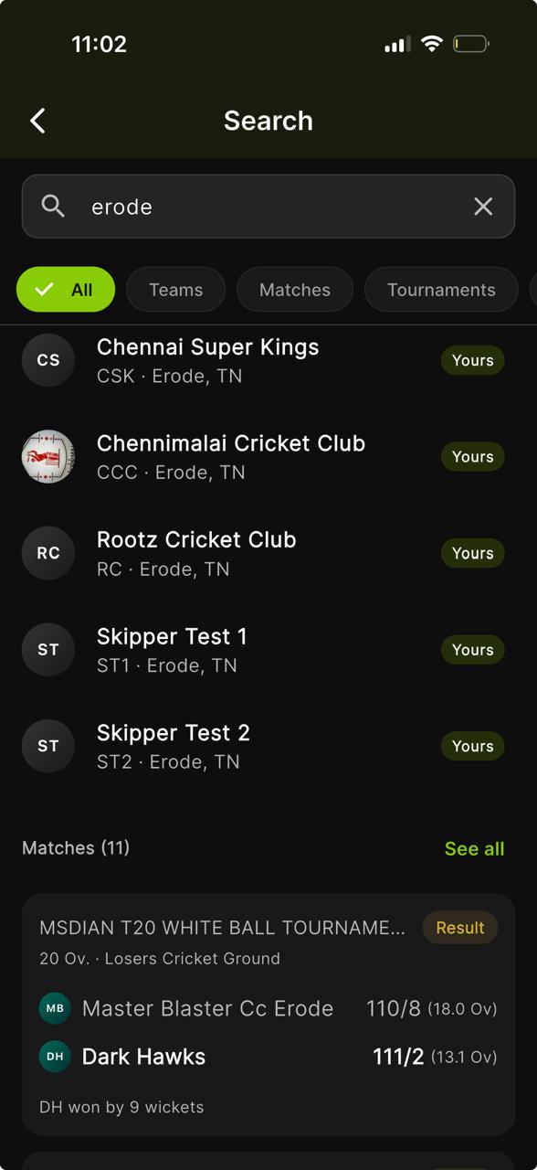 The Skipper search screen showing teams and a match grouped under one query