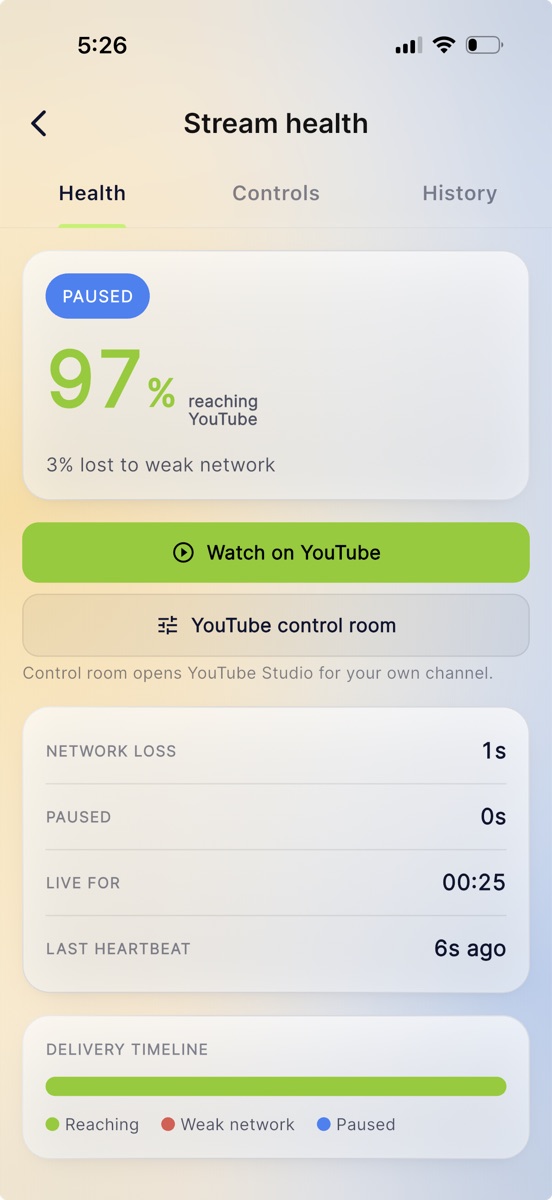 The Skipper stream health screen showing 97 percent reaching YouTube, a paused pill, and a delivery timeline