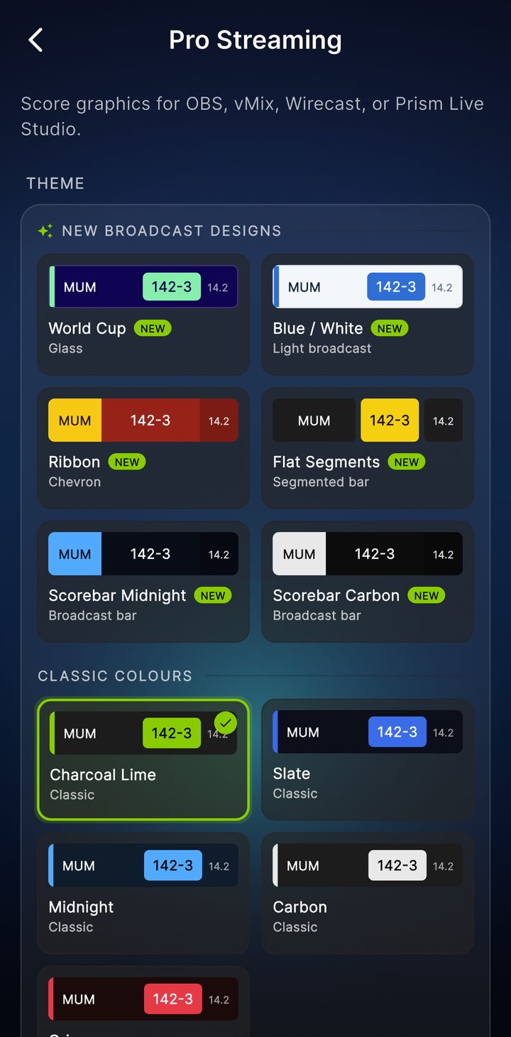 The Skipper broadcast theme picker with designs like World Cup, Blue and White, Ribbon and Scorebar, plus classic colour schemes